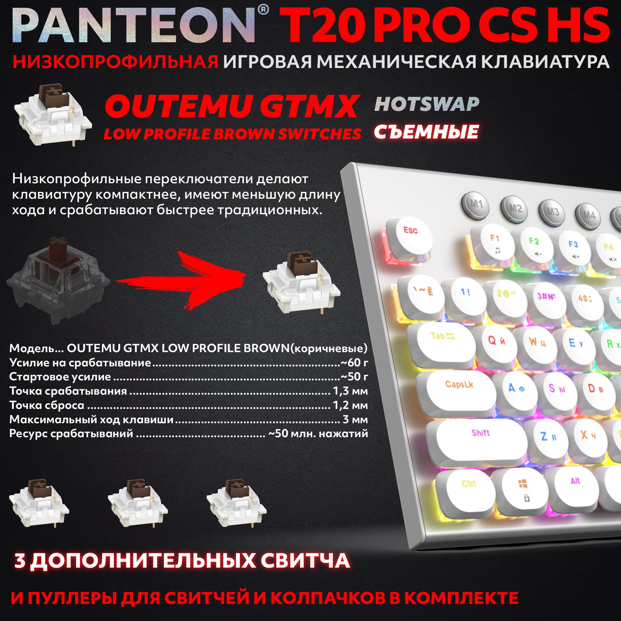 Механическая низкопрофильная клавиатура с FullRGB-подсветкой PANTEON T20 PRO CS HS White (51)
