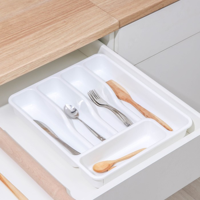Лоток для столовых приборов раздвижной Plast-Avenue, 5 секций, 36×30.5×5 см, пластик, белый