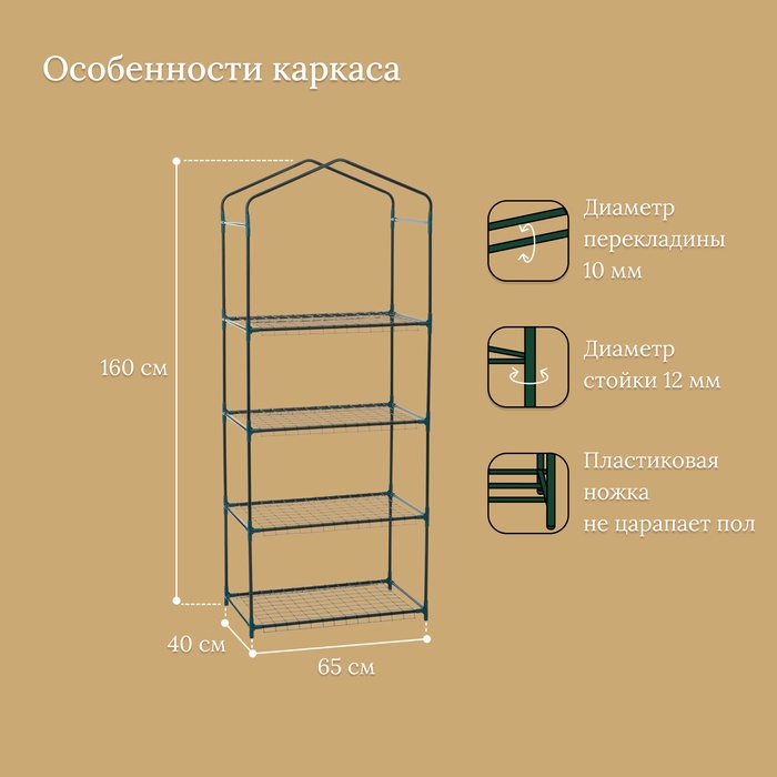 Стеллаж для рассады, 4 полки, 160×40×65 см, металлический каркас d=12 мм, без чехла, Greengo Стеллаж для рассады, 4 полки, 160×40×65 см, металлический каркас d=12 мм, без чехла, Greengo