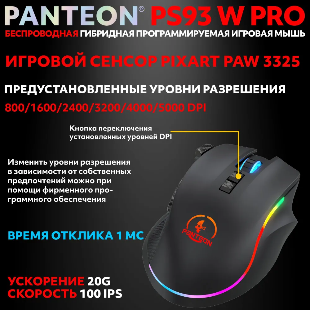 Беспроводная игровая мышь с RGB-подсветкой PANTEON PS93 W PRO Black
