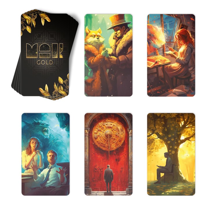 Арт-терапия «GOLD» с МАК, 50 карт (7×12 см), холст (22×16.5 см), краски (6 цветов), кисть,16+