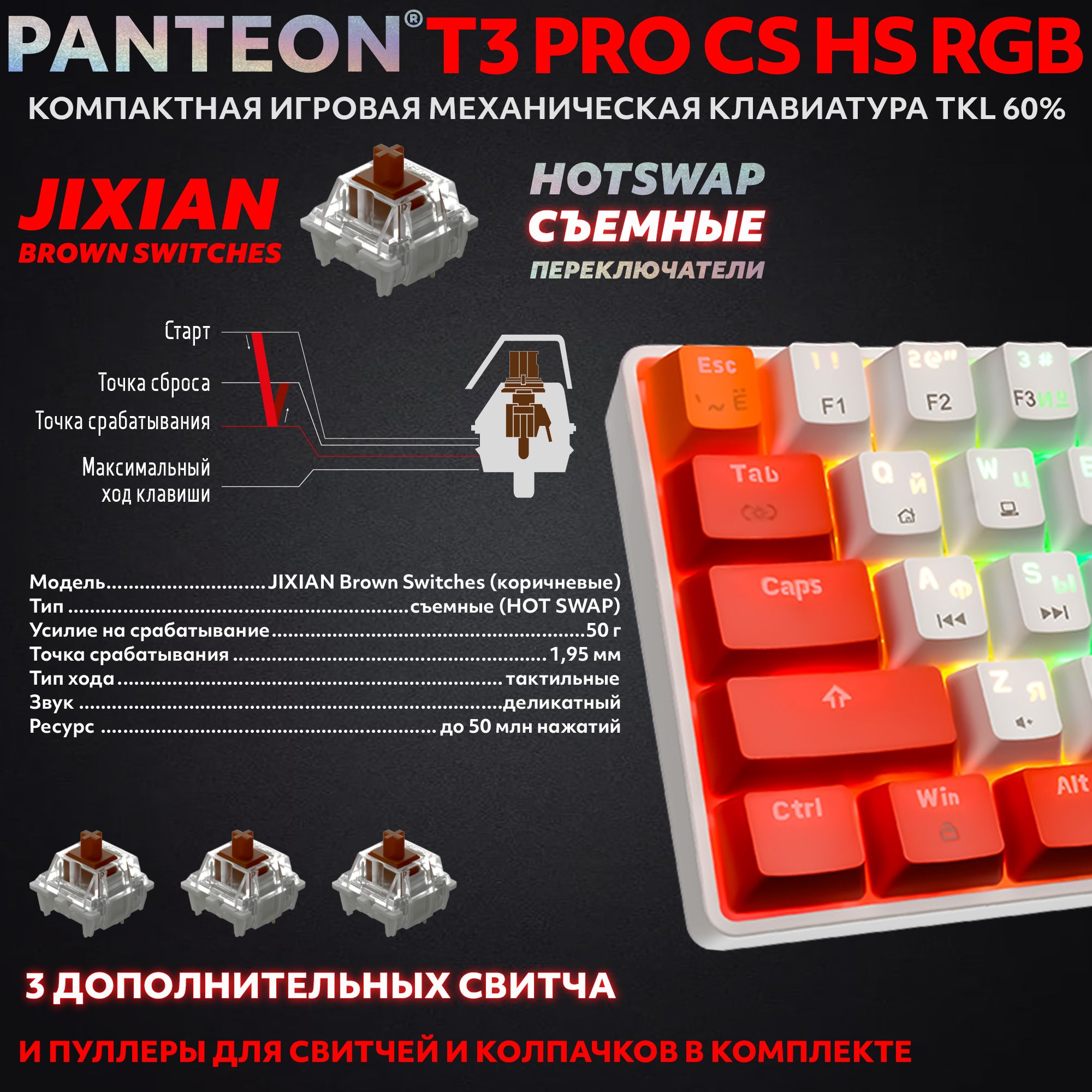 Механическая программируемая клавиатура с FullRGB-подсветкой PANTEON T3 PRO CS HS RGB Grey-Black