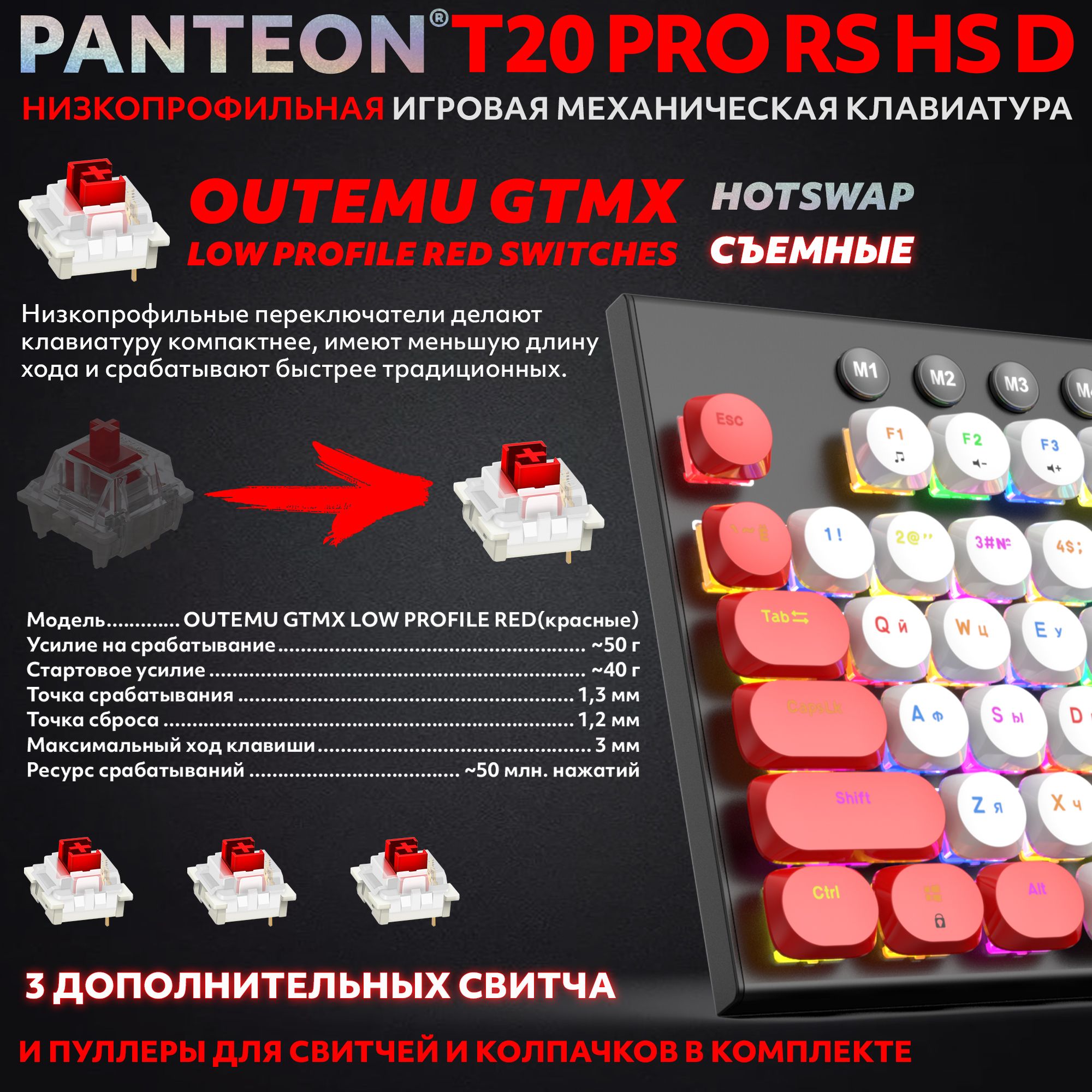 Механическая низкопрофильная клавиатура с FullRGB-подсветкой PANTEON T20 PRO RS HS D White-Red (52)