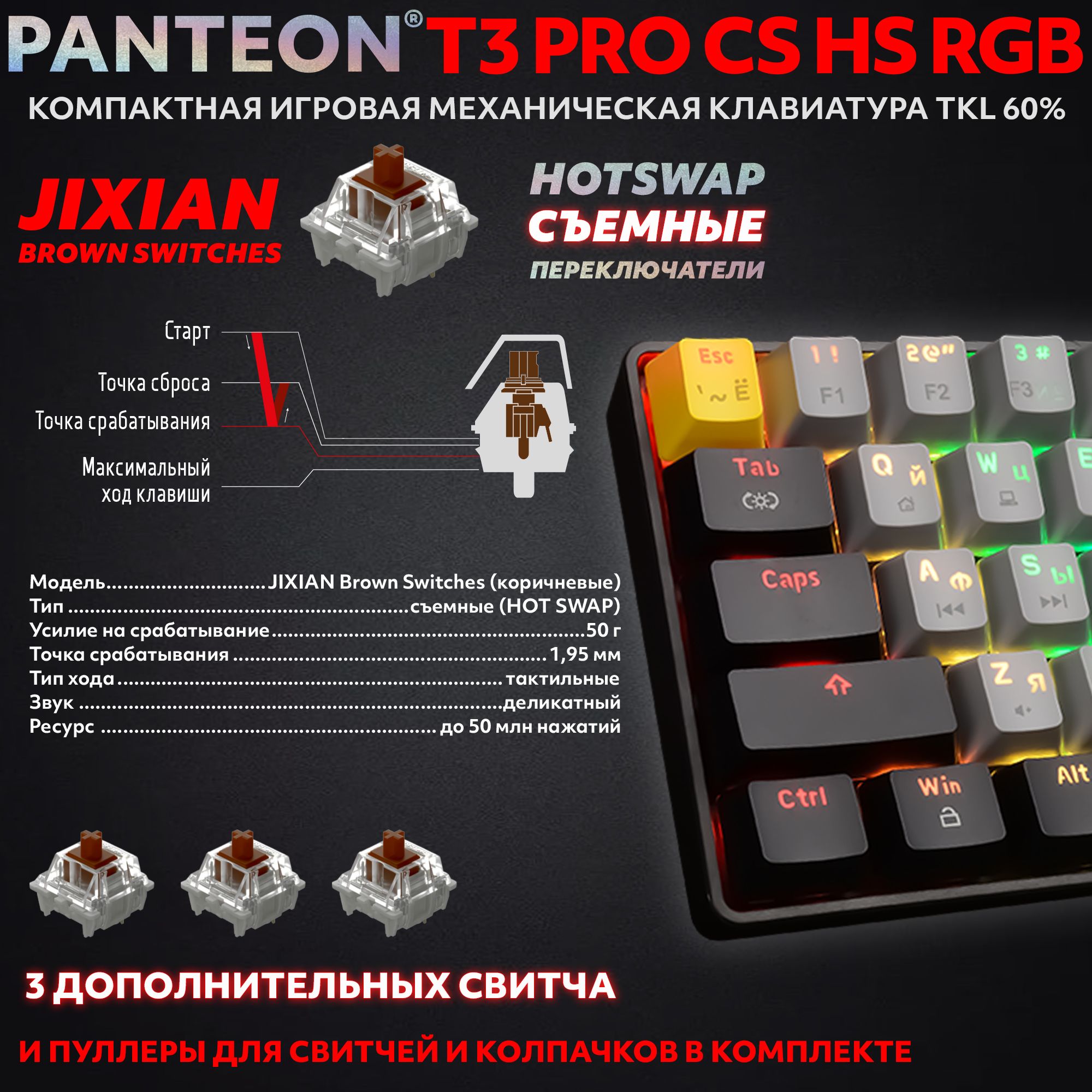 Механическая программируемая клавиатура с FullRGB-подсветкой PANTEON T3 PRO CS HS RGB Grey-Black