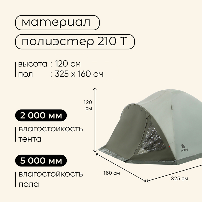 Палатка туристическая 2-местная maclay KATUN 2, 325×160×120 см, кемпинговая, двухслойная, с тамбуром, зелёная