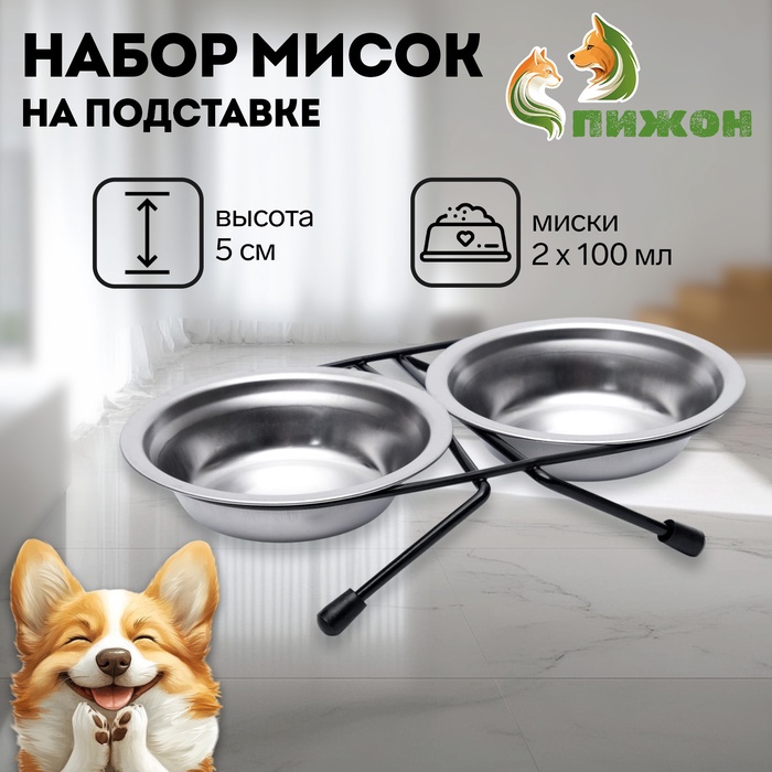 Набор из 2 мисок, 2×100 мл, на чёрной подставке, нержавеющая сталь