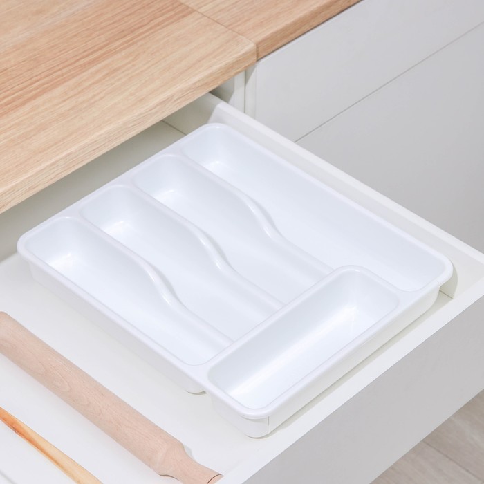 Лоток для столовых приборов раздвижной Plast-Avenue, 5 секций, 36×30.5×5 см, пластик, белый