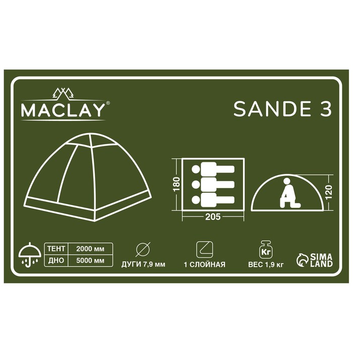 УЦЕНКА Палатка туристическая, треккинговая maclay SANDE 3, 3-местная
