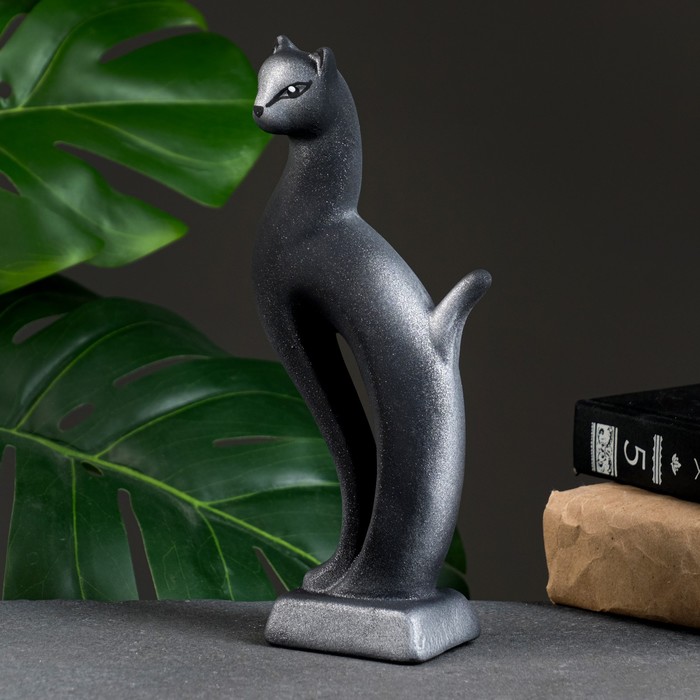Фигура керамика «Кошка Рысь», чёрная с серебром, 7×5×21 см